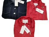 three men ' s shirts in different colors with tags on them