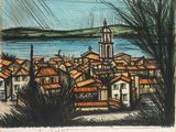 une image représentant un dessin d'une ville au bord de l'eau