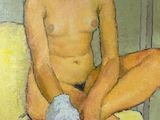 tableau représentant une femme assise sur un canapé, une serviette sur les genoux