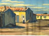 un tableau représentant une rue bordée de bâtiments de part et d'autre