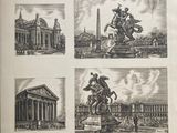 an old book with a bunch of drawings of buildings and a statue