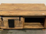 a wooden tv stand with a wooden top and metal legs