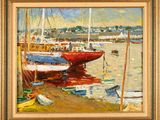 an oil painting of a harbor scene with boats docked in the water