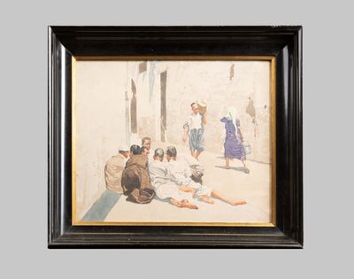 an image of a painting of a group of people sitting on the ground