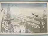 painting of a view of a city with birds flying over it
