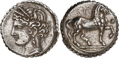a silver coin with an image of a woman and a horse on it