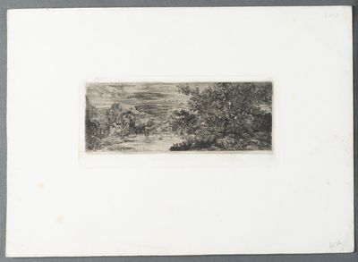 dessin représentant un paysage avec des arbres et des collines au loin