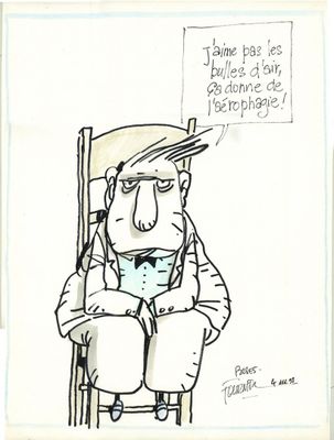 dessin représentant un homme assis sur une chaise, avec une pancarte au-dessus de sa tête