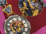 a painting of a clock with a picture of a woman on it