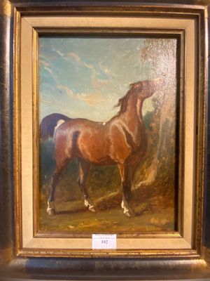 a painting of a horse standing in a field