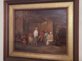 painting of a group of men in a kitchen with pots and pans