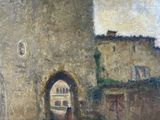 an oil painting of a castle with a gate and a person walking down the road