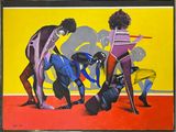 un tableau représentant un groupe de personnes sur un tapis rouge