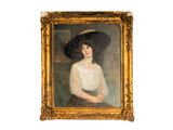 tableau représentant une femme coiffée d'un grand chapeau et vêtue d'une robe blanche