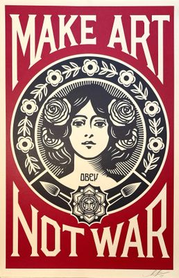 a red and black poster with a woman ' s face in the center