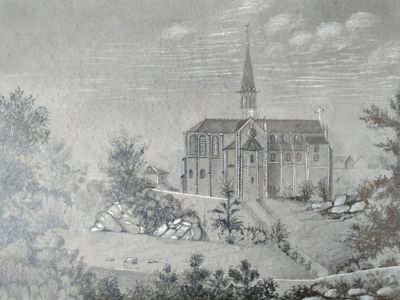 drawing of a church with a steeple and a steeple on the top of it