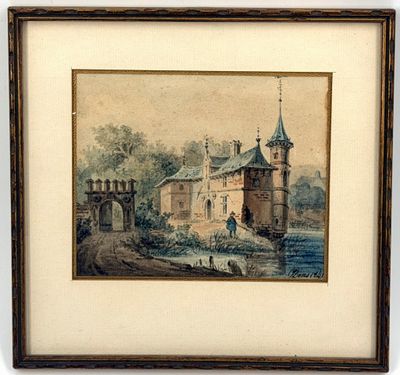 une vieille peinture représentant un château avec un pont devant