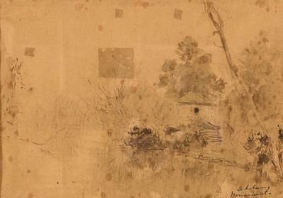 un dessin représentant une maison au milieu d'un champ