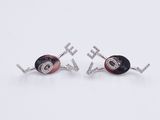 a pair of black and red earrings with diamonds on them