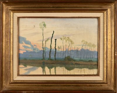 une image d'un tableau représentant un paysage avec des arbres au premier plan