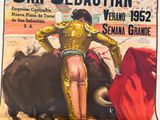 painting of a bull and a woman in a gold outfit with a red cape