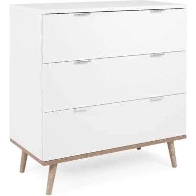 a white chest of drawers with wooden legs and drawers