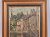 une peinture à l'huile représentant une scène fluviale avec des bâtiments et un pont