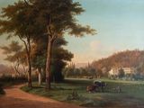 tableau représentant une scène de vie rurale avec une calèche tirée par un cheval