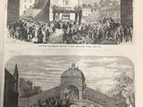 an old book with two pictures of people outside of a church