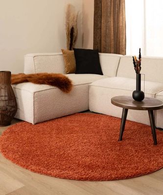 un salon avec un canapé blanc et un tapis rouge