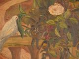 a painting of a bird sitting on a bench next to a vase of flowers