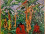 un tableau représentant deux hommes assis dans un champ avec des bananes