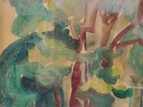 a watercolor painting of a park with a bench and trees
