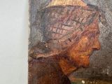 an oil painting of a man with a hat on his head