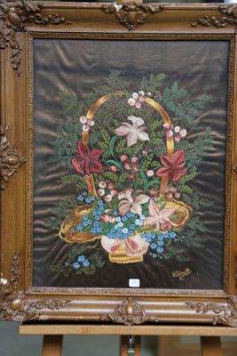 a picture of a painting of a basket of flowers on a easel
