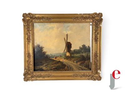 an oil painting of a windmill on a hill with a road in the foreground
