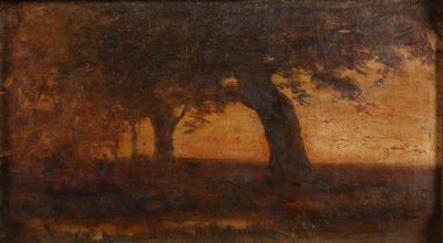 une image représentant un tableau montrant des arbres dans un champ au coucher du soleil
