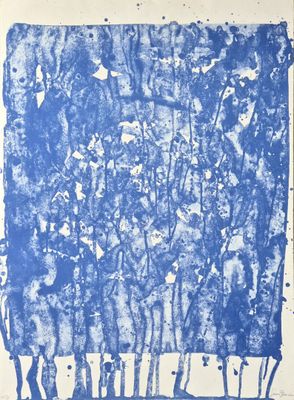 an image of a blue and white painting of a group of people