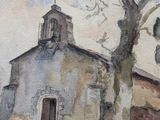 a painting of a church with a steeple and a tree