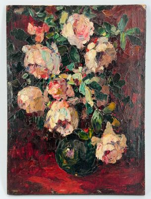 a painting of roses in a vase on a table