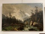 a painting on the wall of a room with a mountain in the background