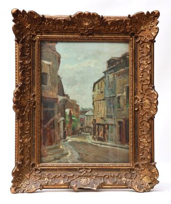 une peinture à l'huile représentant une scène de rue, dans un cadre doré