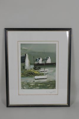 painting of a boat in a body of water with a lighthouse in the background