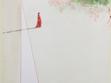 painting of a woman walking a tight line with a red dress