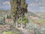 a watercolor painting of a country road with trees