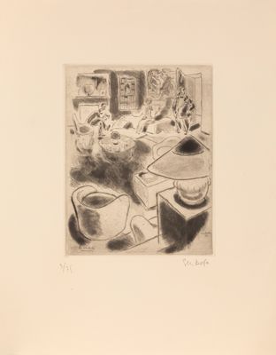 un dessin en noir et blanc représentant une cuisine avec des casseroles et des poêles