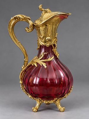 an antique red glass pitcher with gold accents on a stand