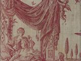 an image of a red and white tapestry with a picture of a woman in a bed