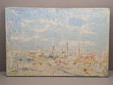 une peinture à l'huile représentant un paysage urbain avec un ciel bleu en arrière-plan