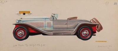 drawing of a silver car with red rims on a beige background